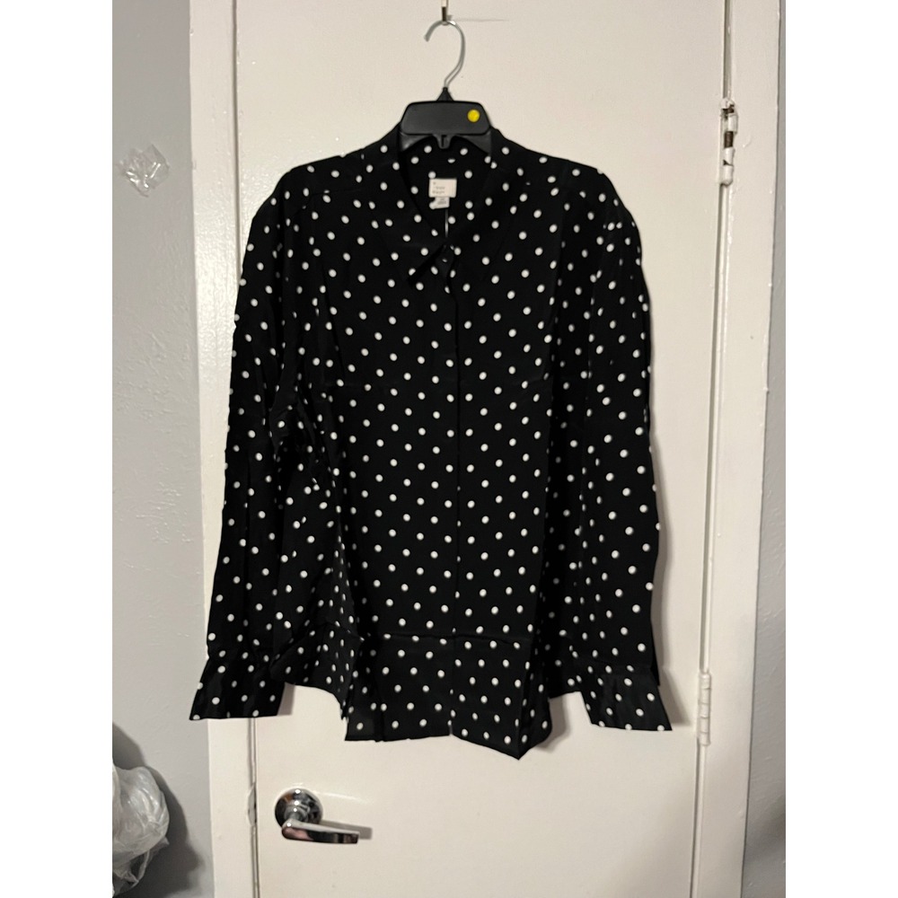 A New Day Womens 2X Black Polka Dot Long Sleeve Button Down Blouse Rayon NWT